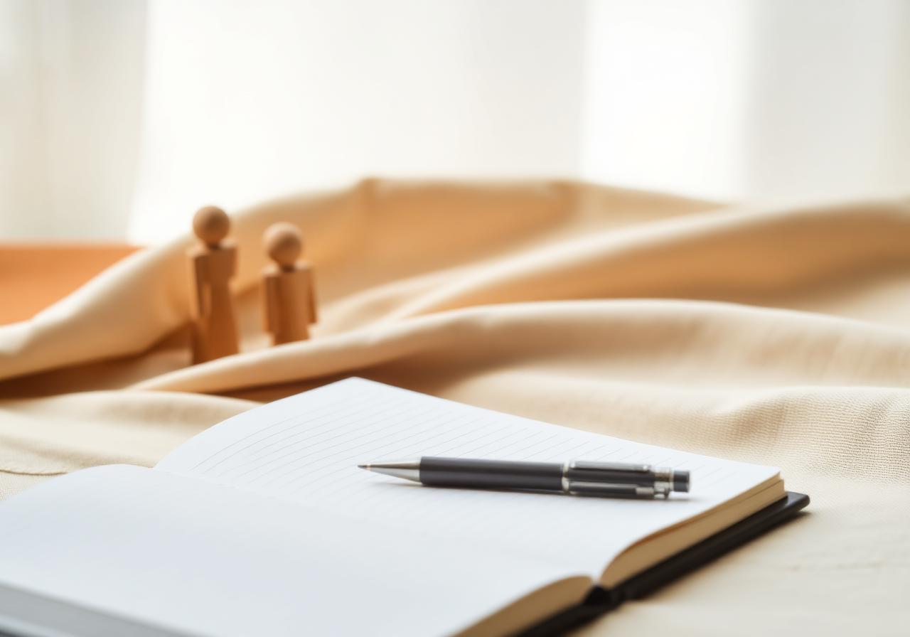 Open notitieboek met pen en houten poppetjes op linnen, in warme tinten