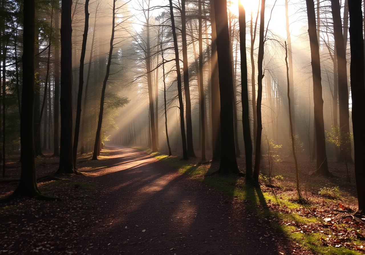 Bospad met zacht ochtendlicht tussen de bomen