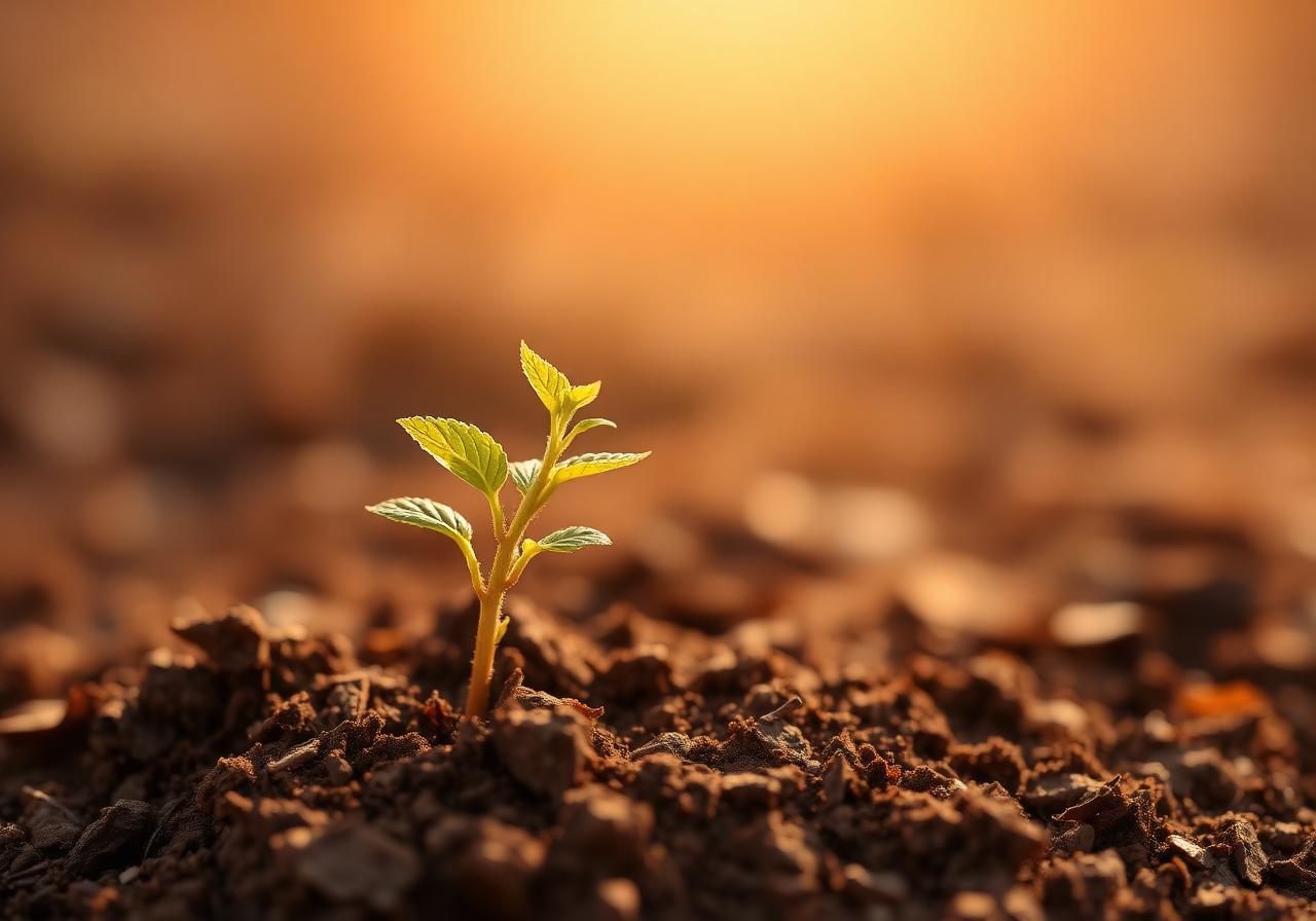 Jong plantje dat uit aarde groeit richting warm zonlicht