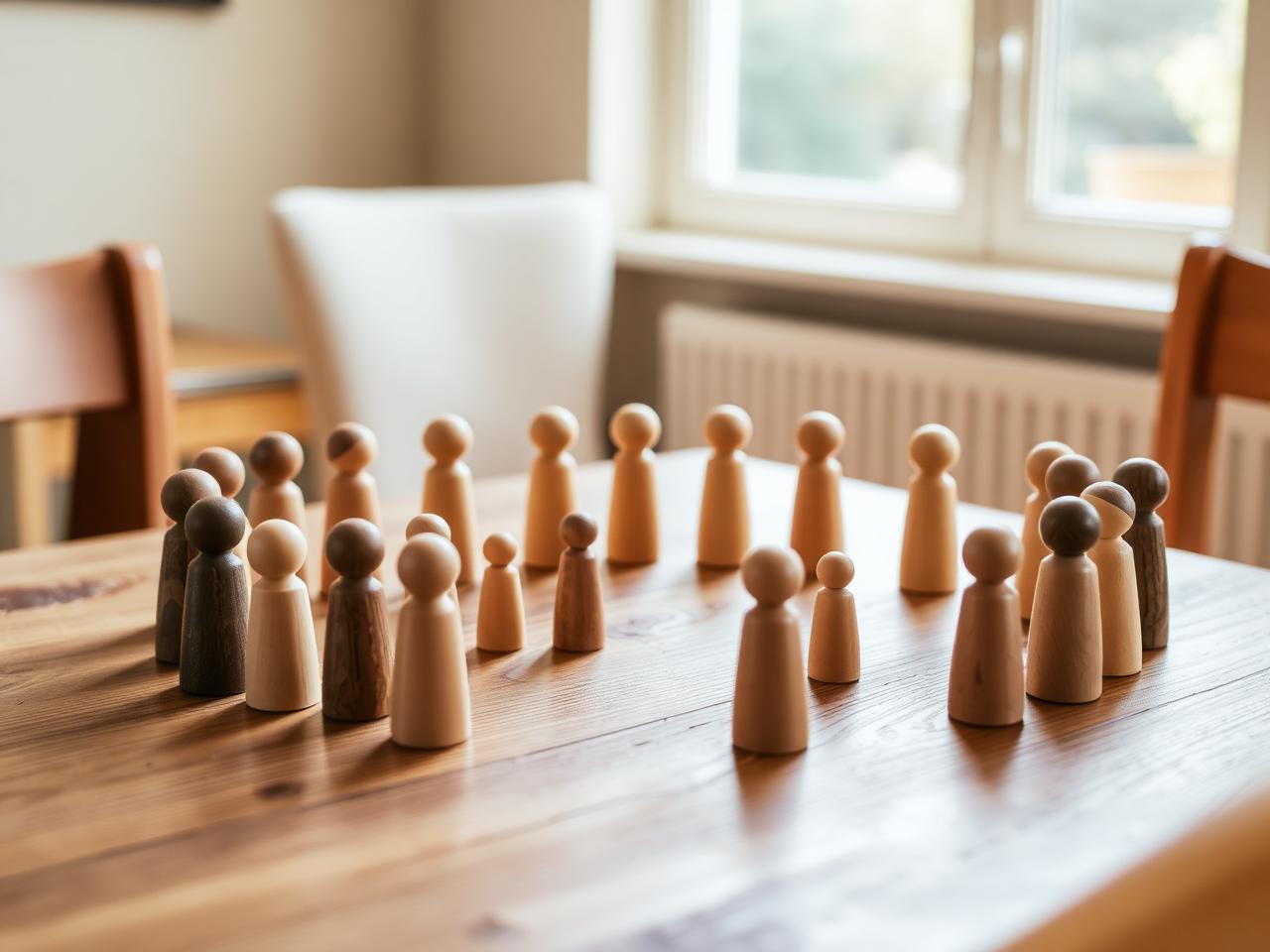 Houten poppetjes in opstelling op tafel
