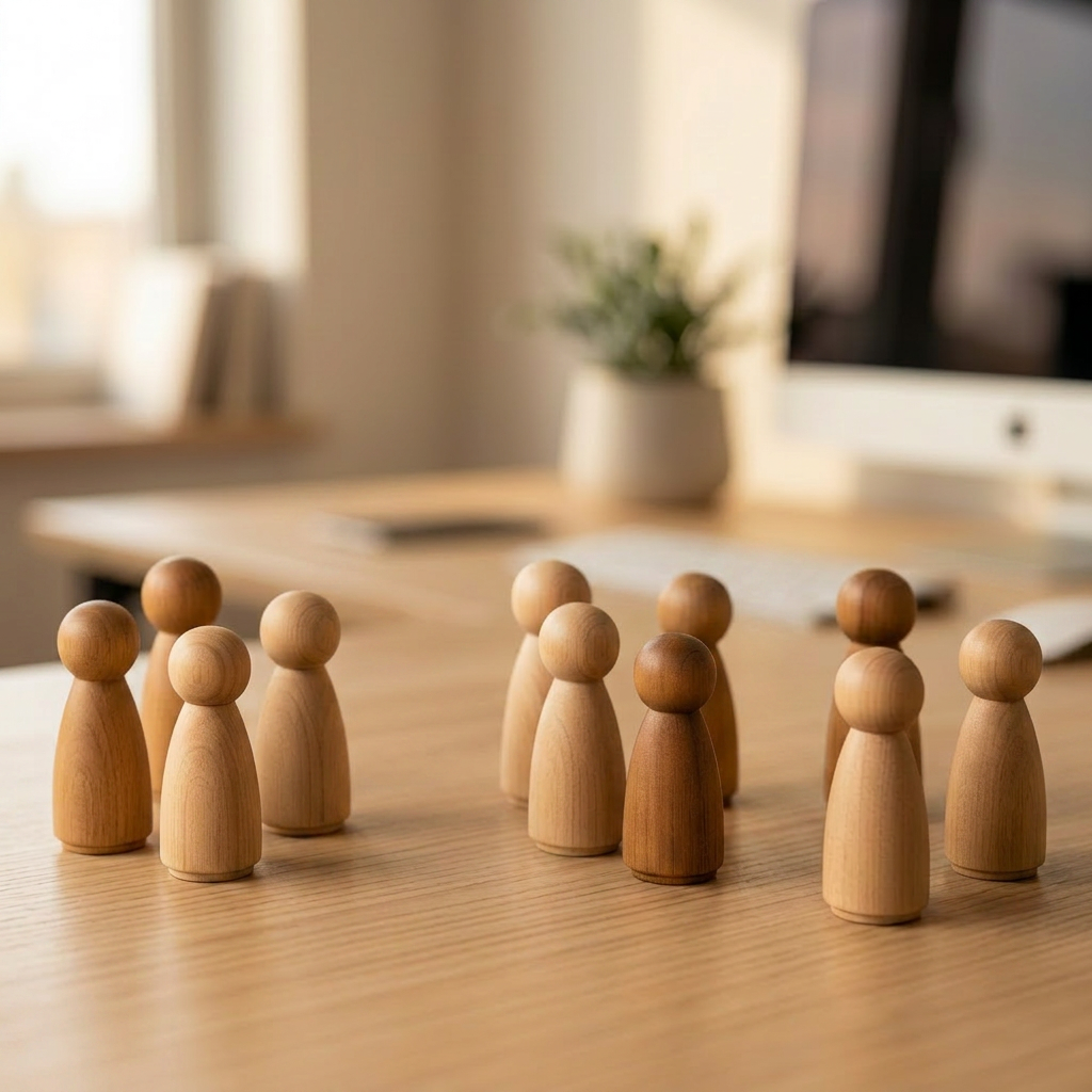 Groep houten poppetjes in een gestructureerd patroon
